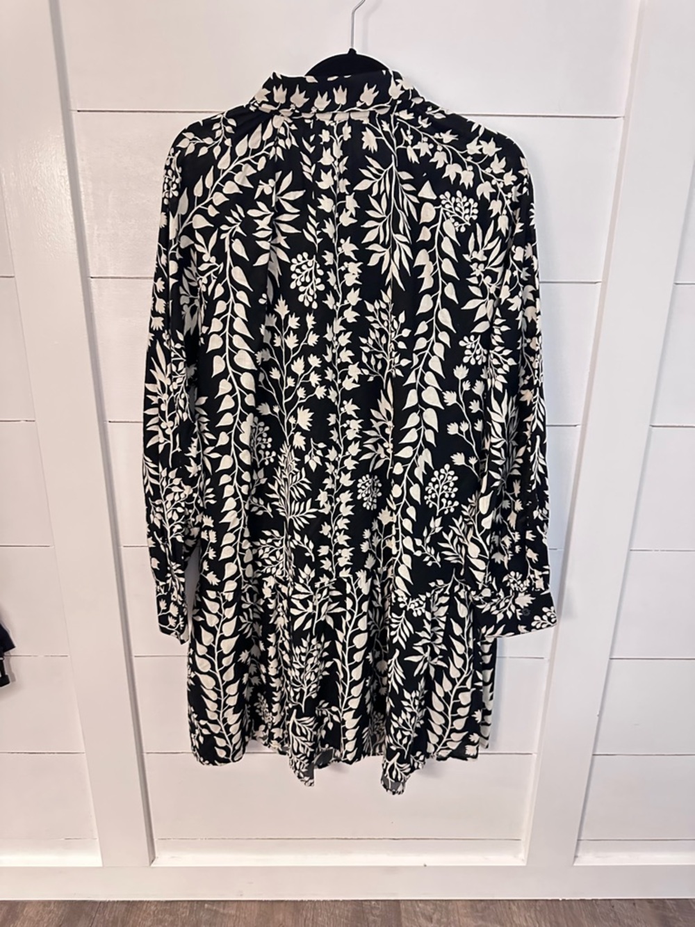 NWT H&M XL cotton black-white floral button long sleeve midi A-Line ruffle dress - Picture 3 of 16